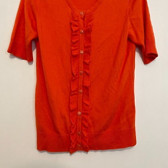 NEW YORK & COMPANY NY&CO Solid Orange Ruffle Short Elbow Sleeve Cardigan Sweater - Picture 3 of 15